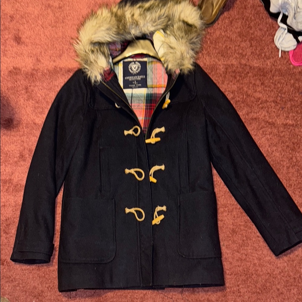 Navy AE button Jacket with Fur Hood peacoat EUC